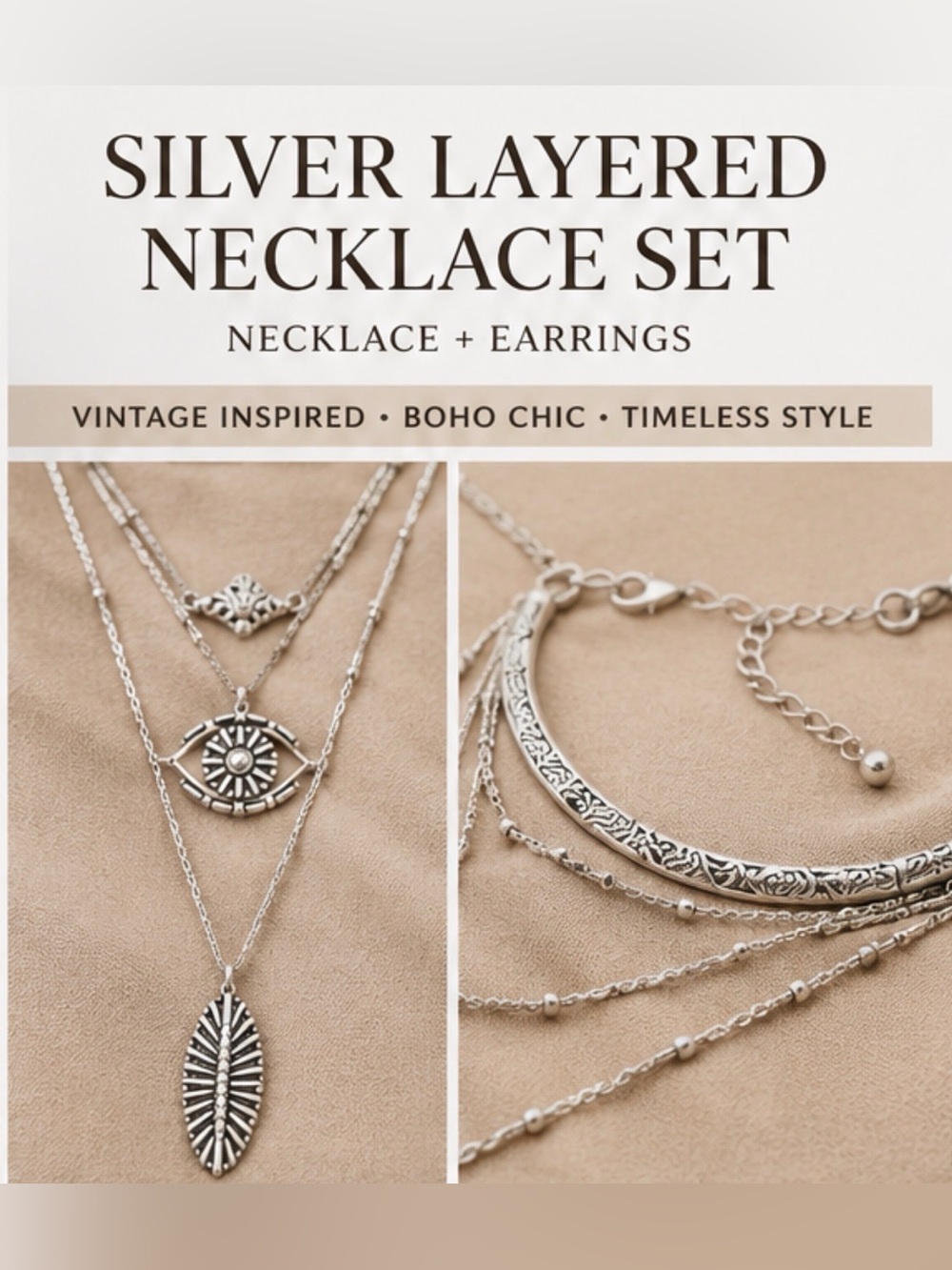 NWT Silver Layered Necklace & Earring Set | Vintage-Inspired Boho Chic Jewelry